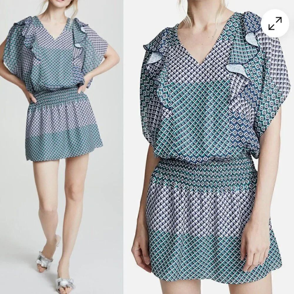 Parker Luisa Geometric Green print smocked waist mini dress EUC size XS